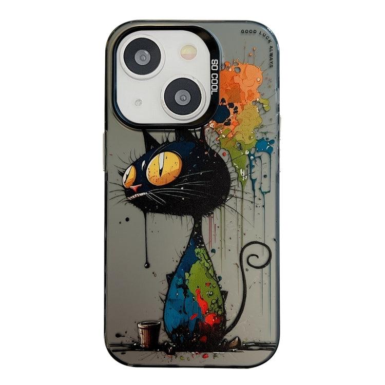 Apple iPhone 14 Animal Pattern Oil Painting Series PC + TPU Phone Case Cover (Black Cat)