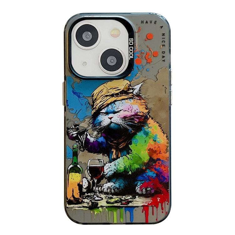 Apple iPhone 14 Animal Pattern Oil Painting Series PC + TPU Phone Case Cover (Drinking Cat)