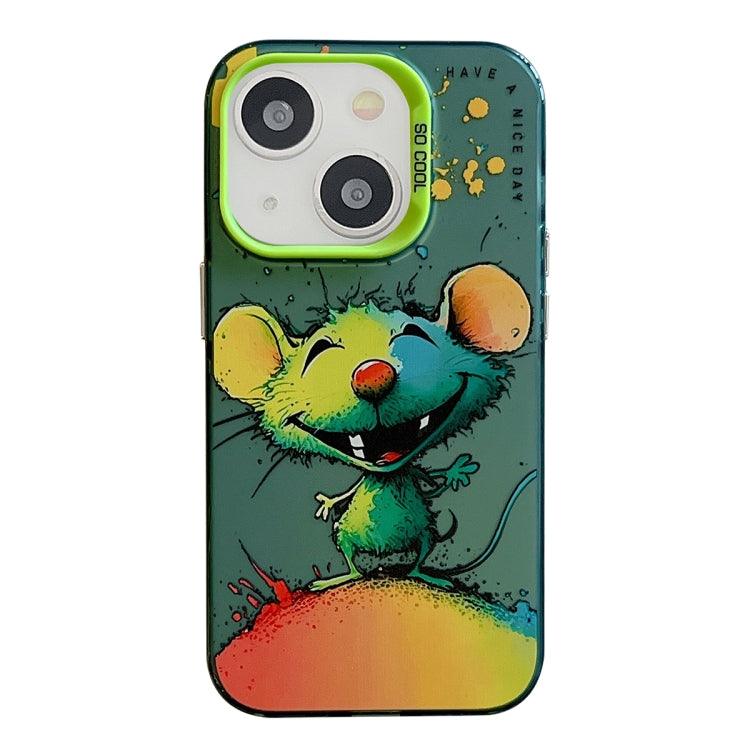 Apple iPhone 14 Animal Pattern Oil Painting Series PC + TPU Phone Case Cover (Happy Mouse)