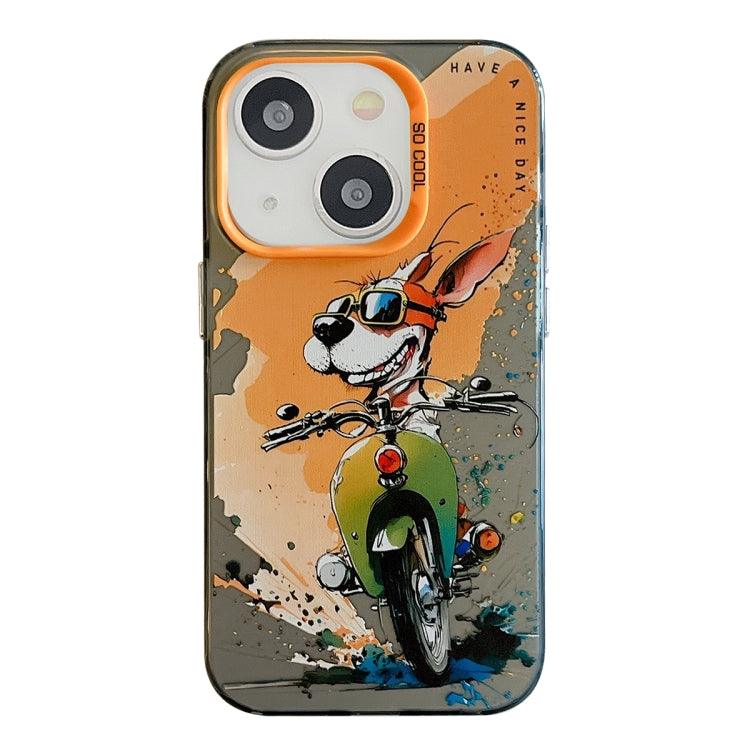 Apple iPhone 14 Animal Pattern Oil Painting Series PC + TPU Phone Case Cover (Bicycle Dog)