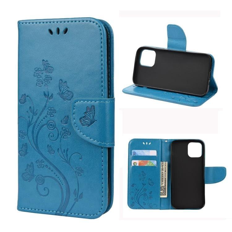 Apple iPhone 12 / 12 Pro Butterfly Flower Flip Leather Case Cover with Holder & Card Slots & Wallet (Blue)