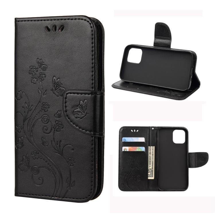 Apple iPhone 12 / 12 Pro Butterfly Flower Flip Leather Case Cover with Holder & Card Slots & Wallet (Black)