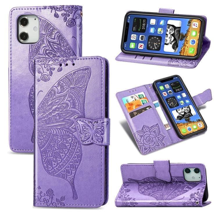 Apple iPhone 12 / 12 Pro 6.1 inch Butterfly Love Flower Embossed Horizontal Flip Leather Case Cover with Bracket / Card Slot / Wallet / Lanyard (Light Purple)