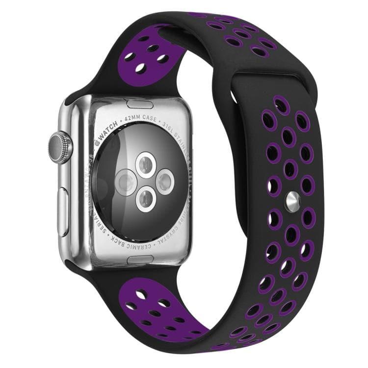 Apple Watch Series 9, 8, 7, 6, SE, 41mm, 40mm, 38mm Fashionable Classical Silicone Sport Watchband (Black Purple)