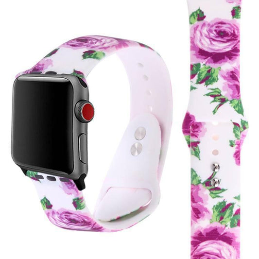 Silicone Printing Watch Watchband Strap Watchstrap Band for Apple Watch Series 5 & 4 40mm - 3 & 2 & 1 38mm (Purple Flower Pattern) - Gadget Station