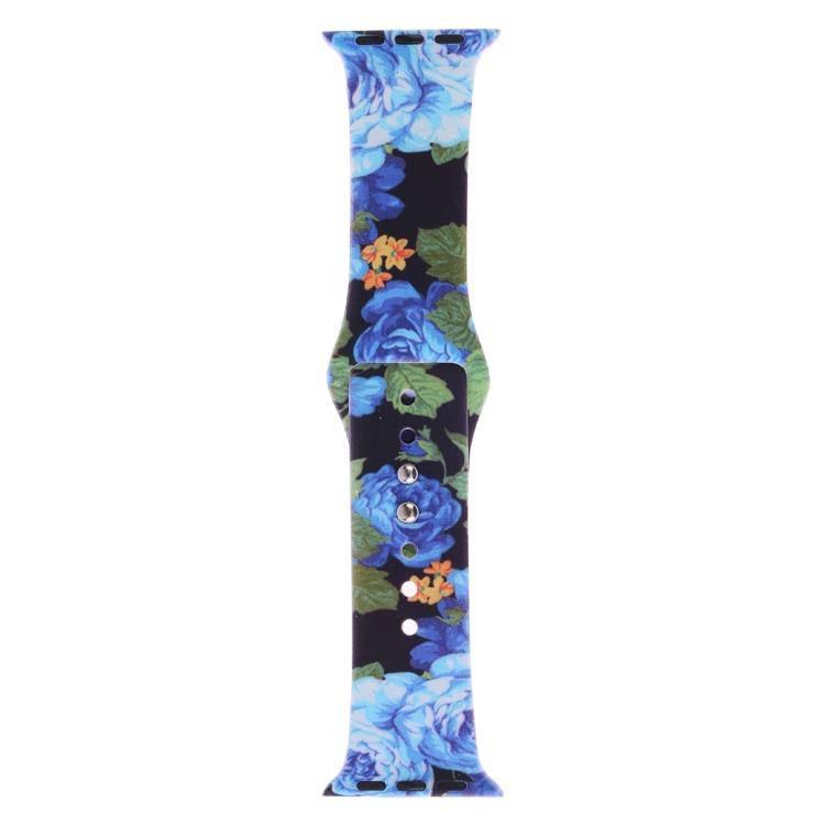 Silicone Printing Watch Watchband Strap Watchstrap Band for Apple Watch Series 5 & 4 40mm - 3 & 2 & 1 38mm (Blue Flower Pattern) - Gadget Station