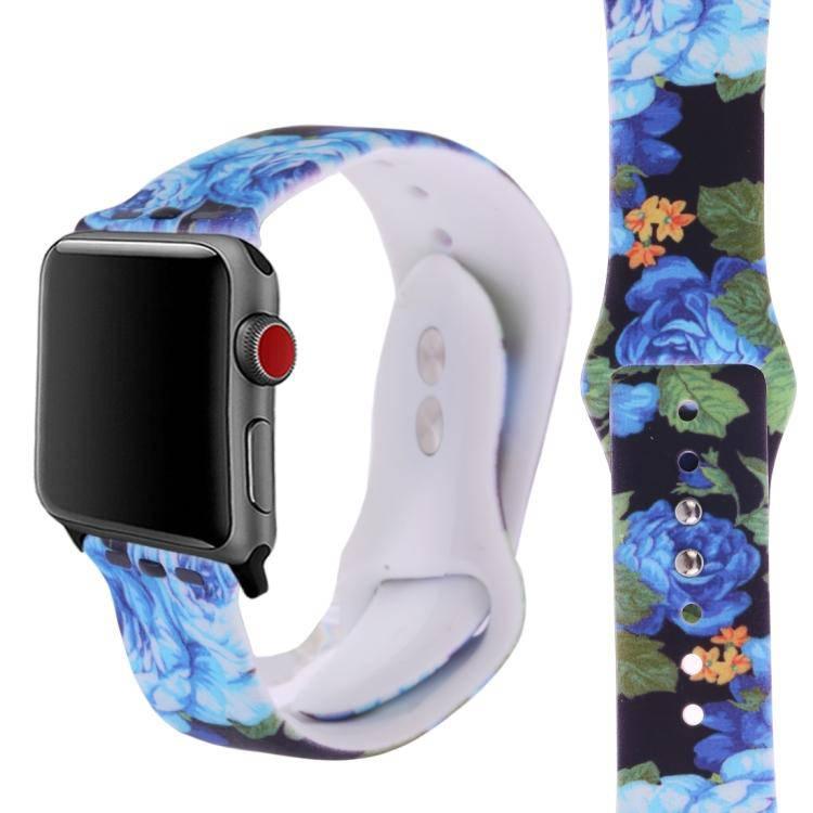 Silicone Printing Watch Watchband Strap Watchstrap Band for Apple Watch Series 5 & 4 40mm - 3 & 2 & 1 38mm (Blue Flower Pattern) - Gadget Station