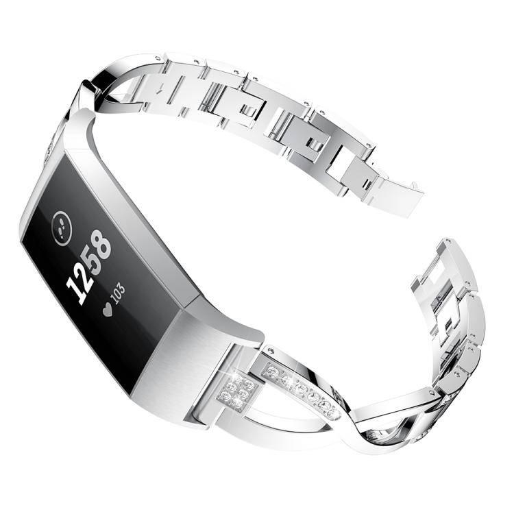 X-shaped Diamond-studded Metal Steel Wrist Strap Watch Band for Fitbit Charge 3 (Silver) - Gadget Station