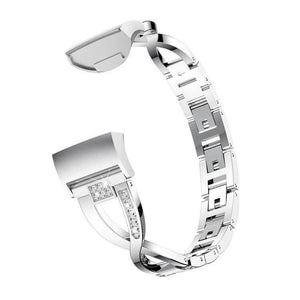 X-shaped Diamond-studded Metal Steel Wrist Strap Watch Band for Fitbit Charge 3 (Silver) - Gadget Station