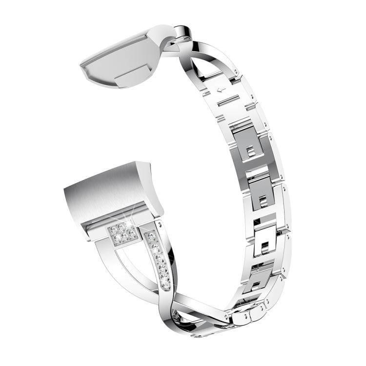 X-shaped Diamond-studded Metal Steel Wrist Strap Watch Band for Fitbit Charge 3 (Silver) - Gadget Station