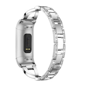 X-shaped Diamond-studded Metal Steel Wrist Strap Watch Band for Fitbit Charge 3 (Silver) - Gadget Station