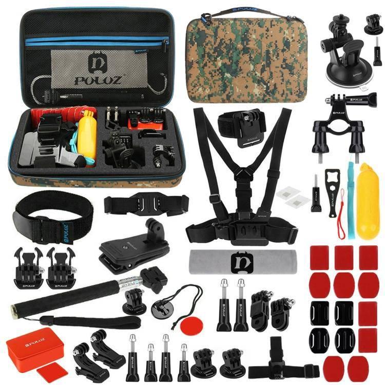 53 in 1 Accessories Total Ultimate Combo Kits with Camouflage EVA Case (Chest Strap + Suction Cup Mount + 3-Way Pivot Arms + J-Hook Buckle + Wrist Strap + Helmet Strap + Extendable Monopod + Surface Mounts + Tripod Adapters + Storage Bag + Handlebar Mount - Gadget Station