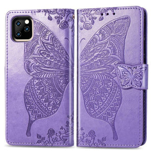 Butterfly Love Flowers Embossing Horizontal Flip Leather Case Cover for Apple iPhone 11 Pro with Holder & Card Slots & Wallet & Lanyard (Light purple) - Gadget Station