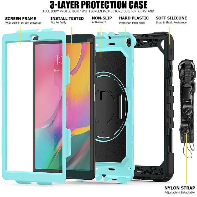 Samsung Galaxy Tab A10.1 2019 - T510 Shockproof Colourful Silica Gel + PC Protective Case Cover, with Holder & Shoulder Strap (Black+Light Blue) - Gadget Station