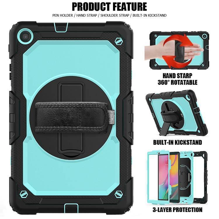 Samsung Galaxy Tab A10.1 2019 - T510 Shockproof Colourful Silica Gel + PC Protective Case Cover, with Holder & Shoulder Strap (Black+Light Blue) - Gadget Station
